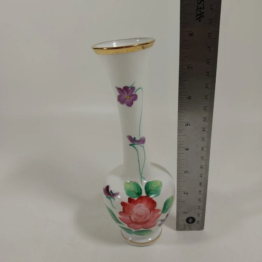 Enesco Japan Hand Painted Glass Bud Vase‎ with Roses Violets Leaves Vintage